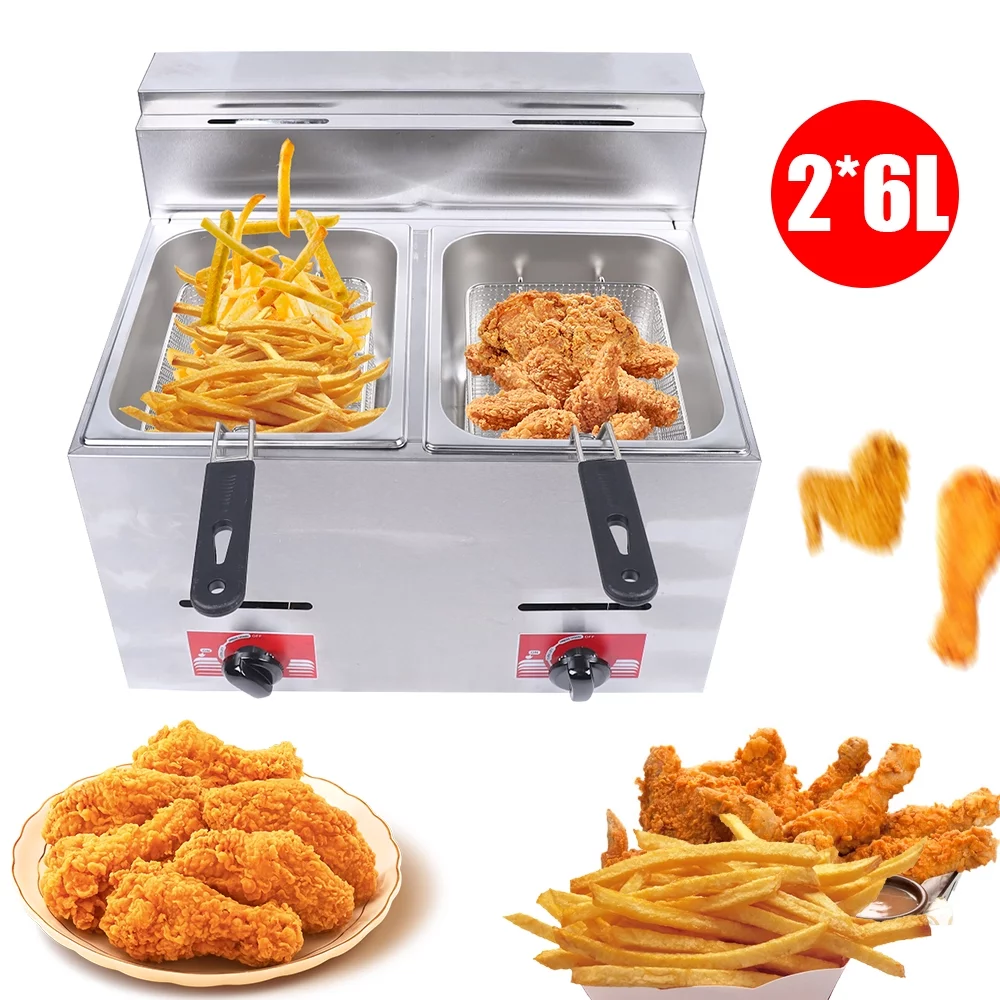 12L Stainless Steel Deep Fryer with 2 Basket and 2 Lid, Table Snack Fryer, Double Cylinder Gas Fryer, White