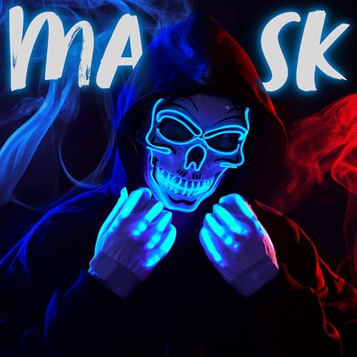 JOYIN Halloween LED Skull Mask with Light Up Gloves, Green LED Light up Skeleton and Scary Glow in The Dark Mask for Adult Men Women Halloween Cosplay Costumes Accessory Party Dress Up