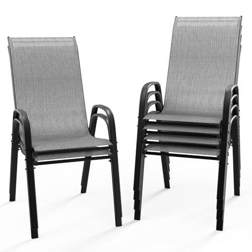 VINGLI Patio Chairs Set of 6 – Stackable Outdoor Dining Chairs with Comfortable Sling High Back Chairs and Armrests for Lawn, Poolside, Courtyard, Balcony, Garden, Black