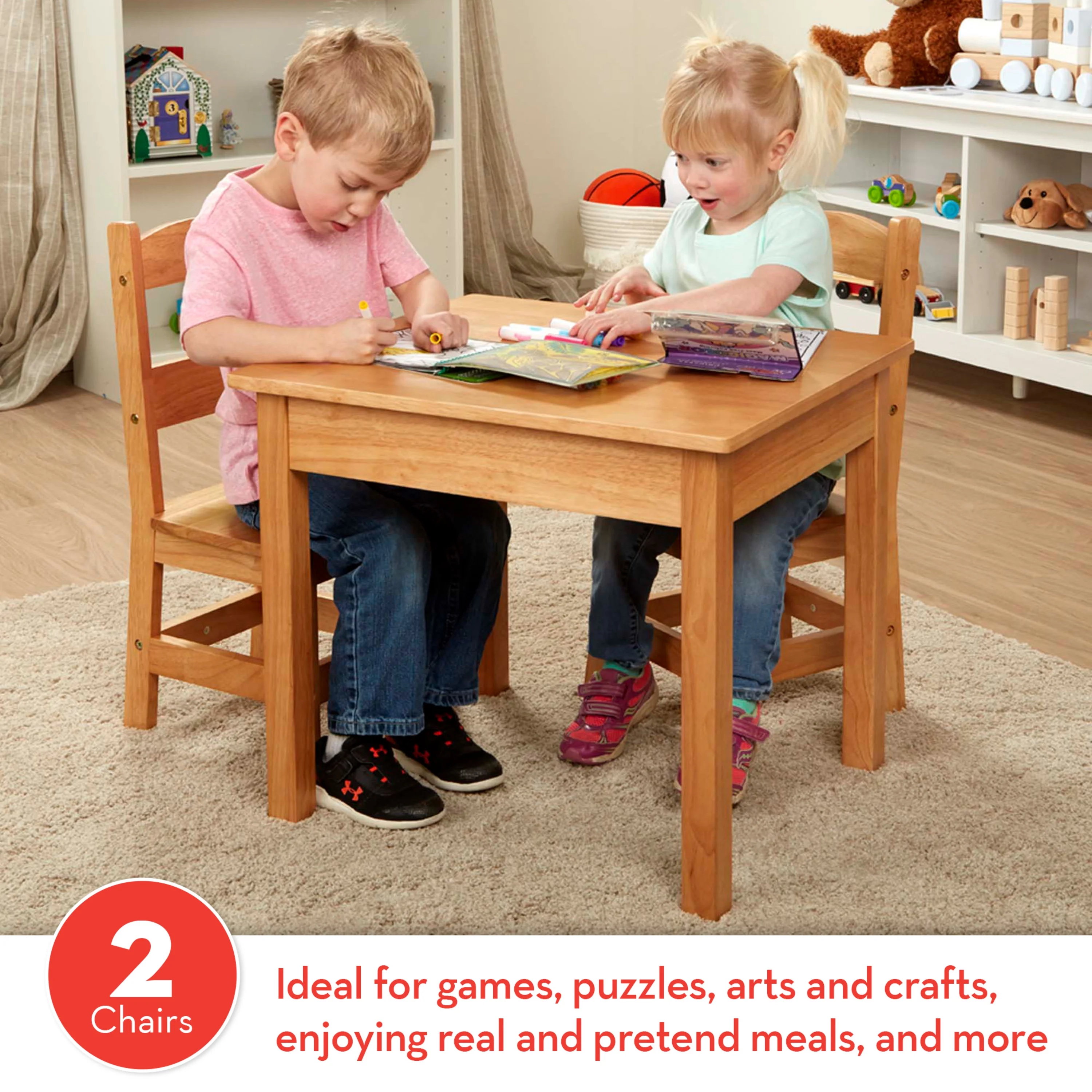 Melissa & Doug Solid Wood Table and 2 Chairs Set - Light Finish Furniture for Playroom