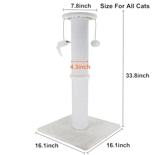 Cat Scratching Post 34 Inches Heavy Duty and Thicker Cat Scratching Post Sisal Rope with Hanging Ball and Mice Scratching Post for Indoor Cats and Adult(Grey)