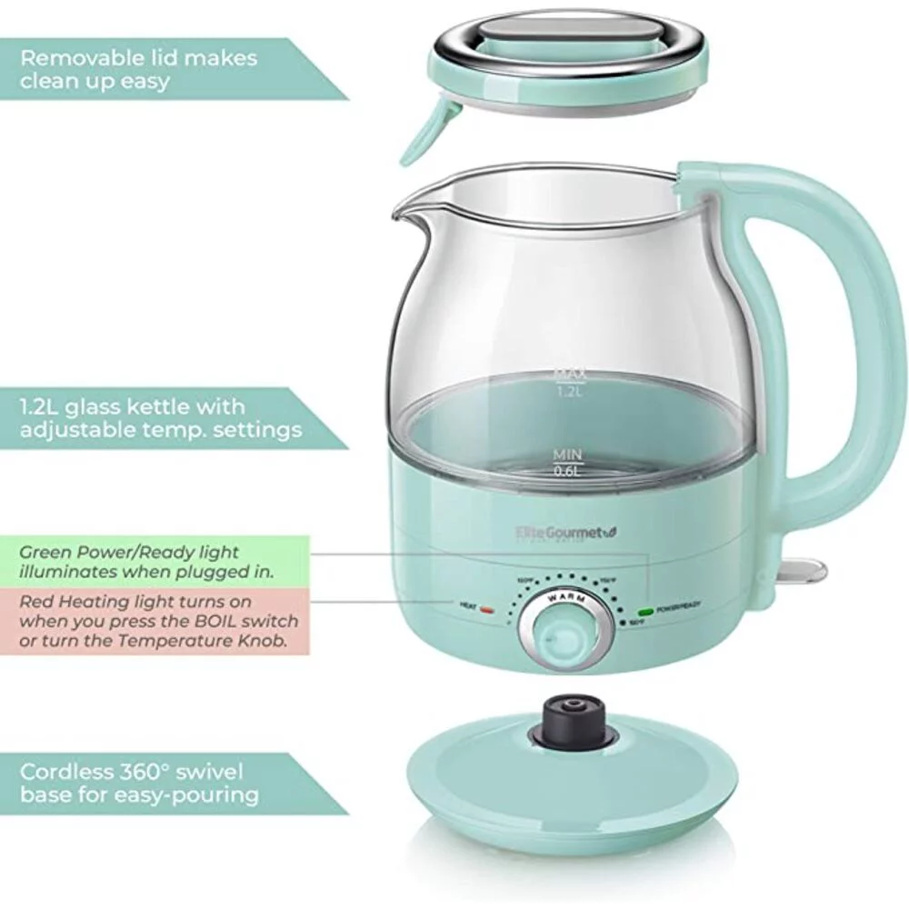 Elite Gourmet 1.2L Adjustable Temperature Electric Glass Kettle (Mint)