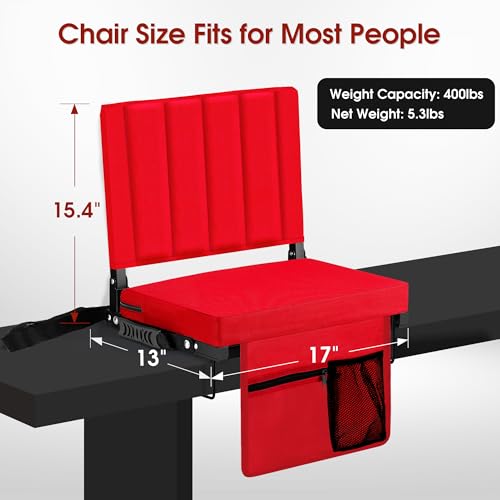 Stadium Seat for Bleachers with Back Support, Portable Bleacher Seat with Wide Comfy Padded Cushion, Metal Hook, Folding Stadium Chair with Shoulder Strap, Carry Handle, Cup Holder