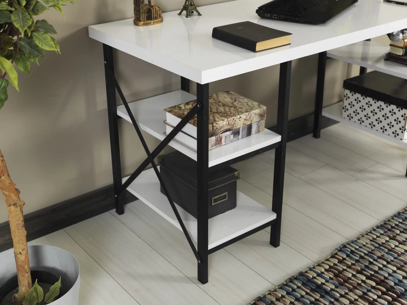 LANTRO JS Furnish Home Store Diana Metal Frame 60 Extra Wide Wood Top 4 Shelves Writing and Computer Desk for Home Office, White