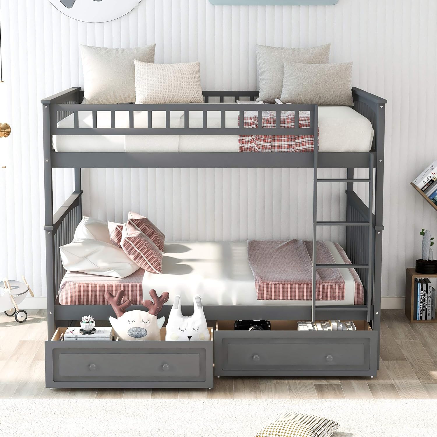 Full Over Full Bunk Bed with Drawers,Wood Bedframe Divided Into Two Full Size Daybeds for Kids Teens,Gray