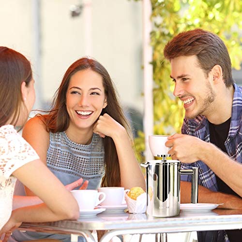 Secura French Press Coffee Maker, 304 Grade Stainless Steel Insulated Coffee Press with 2 Extra Screens, 34oz (1 Litre), Silver