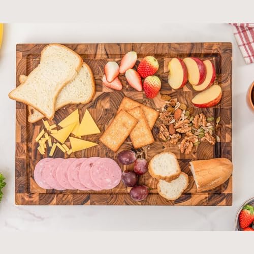 Large End Grain Butcher Block Cutting Board, Thick Teak Wood Cutting Board, Big Reversible Wooden Chopping Serving Board with Juice Groove, 16 x 12 x 1.5 inch