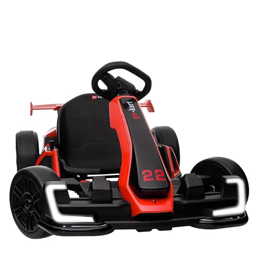 KerryYoo K61 Go Kart Electric Drift Kart Car with Length Adjustable Seat, 24V Outdoor Ride on Toy with 4 Speed Mode, Crazy Cart for Kids 6-12 Years Old, Fast 300W Motor, 8.5 MPH, Bluetooth - Red