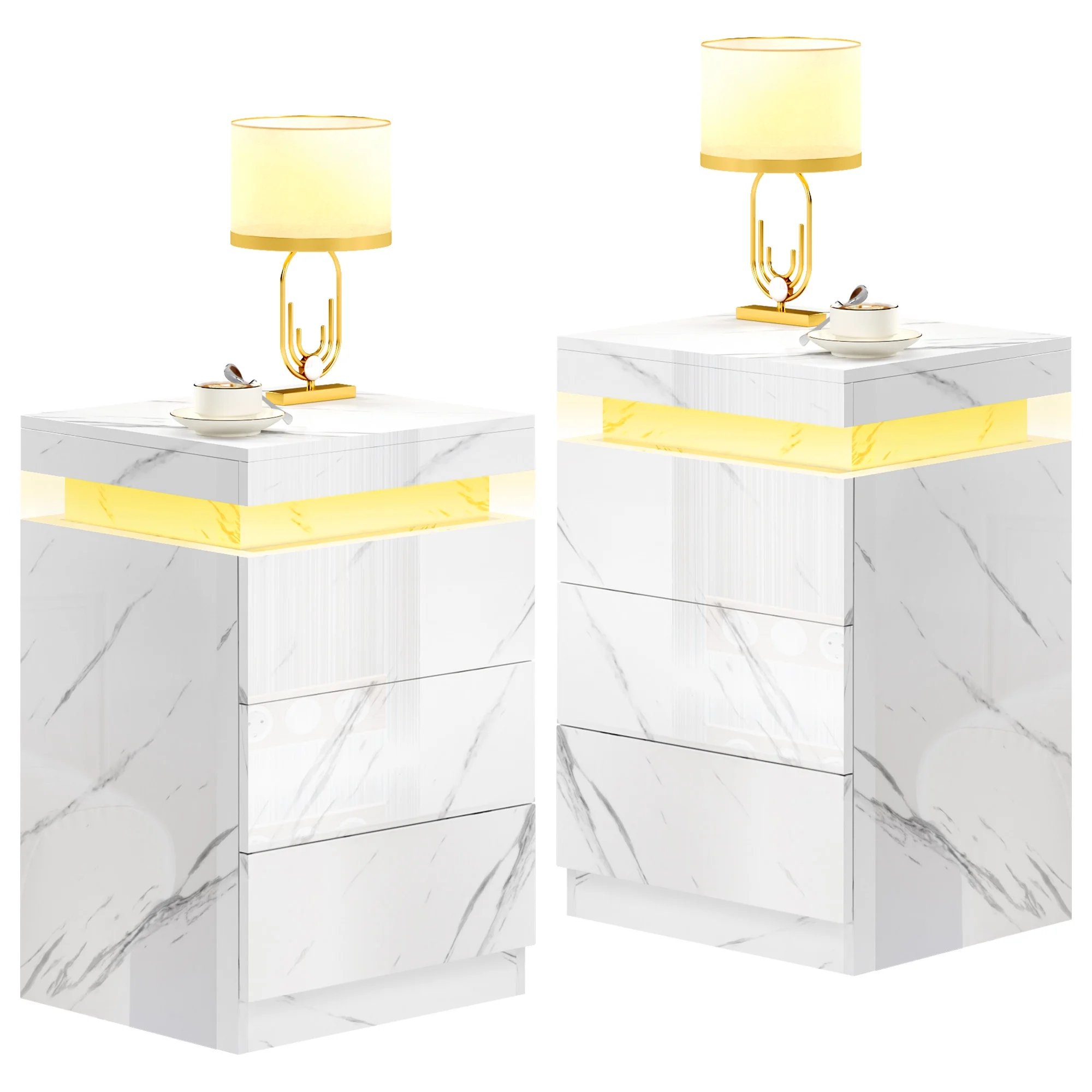 Dextrus Set of 2 LED Nightstand with 3 Drawers, 27