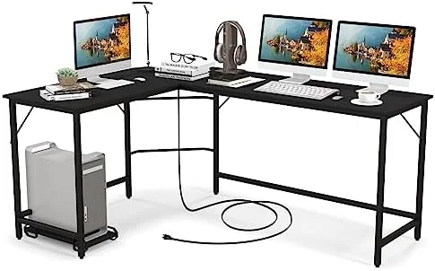 KHBIULIFE L-Shaped Office Desk with CPU Stand  L Shaped Corner Desk with Power Outlets  USB Ports  Sturdy Metal Frame  Space-Saving Computer Desk for Home  Office  Gaming Desk  Computer W