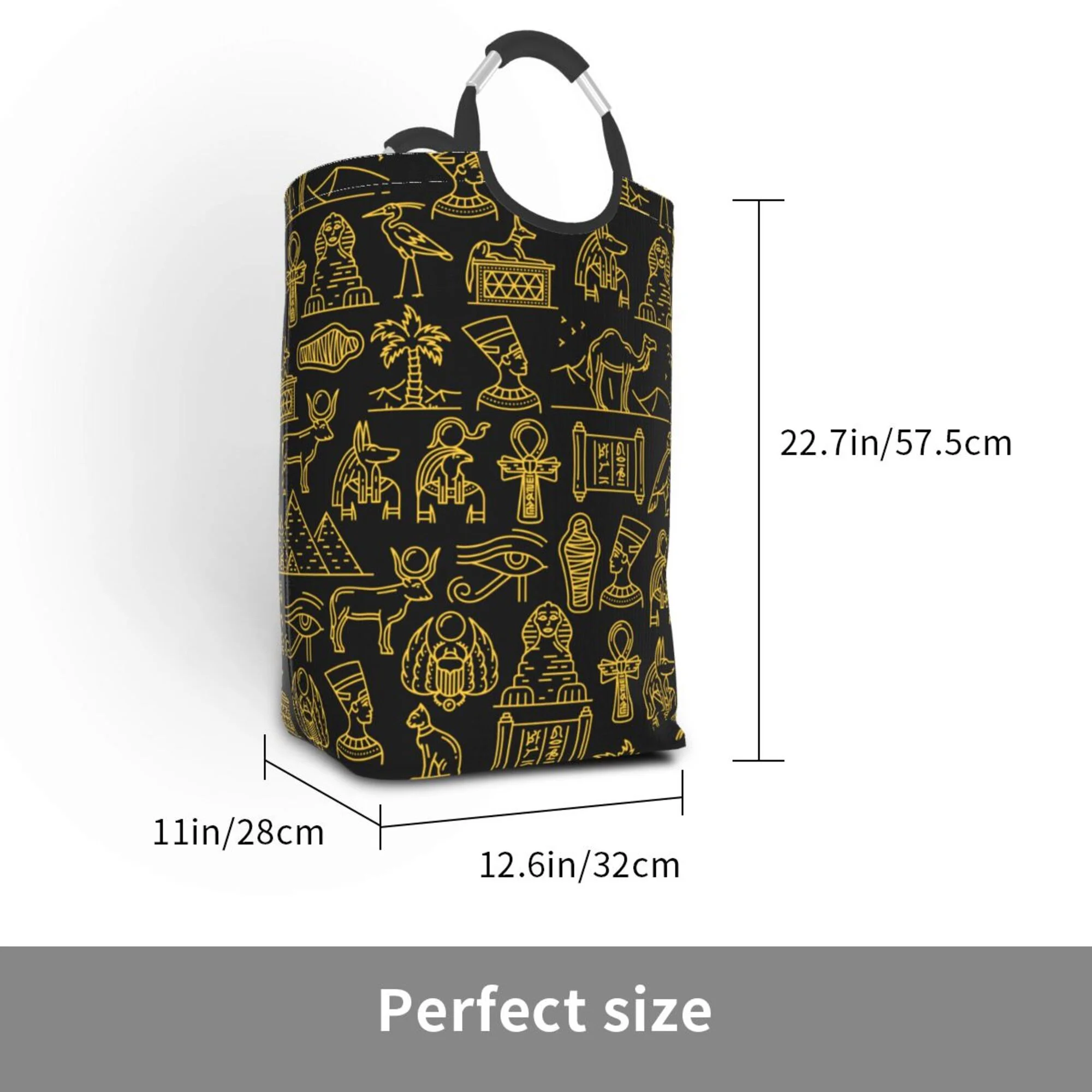 TEQUAN 50L Large Rectangular Laundry Hamper with Aluminum Handles, Ancient Gods of Egypt Prints Waterproof Foldable Dirty Clothes Basket