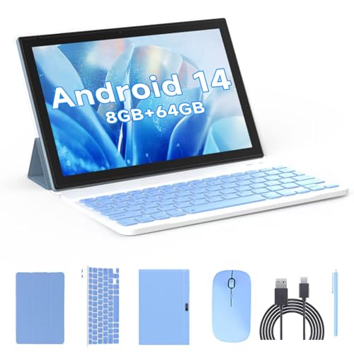 Tablet 2 in 1 Tablets 10 inch Android 14 Tablet Set with Keyboard Case Mouse Stylus Film, 8GB+64GB Tablets 10.1