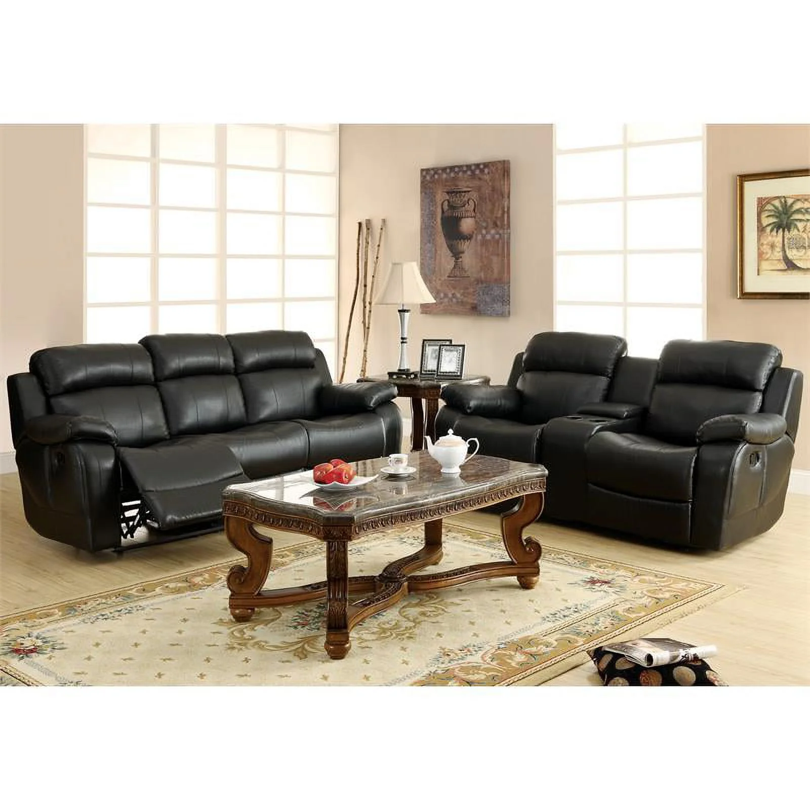 Pemberly Row Traditional Faux Leather Double Glider Reclining Loveseat in Black