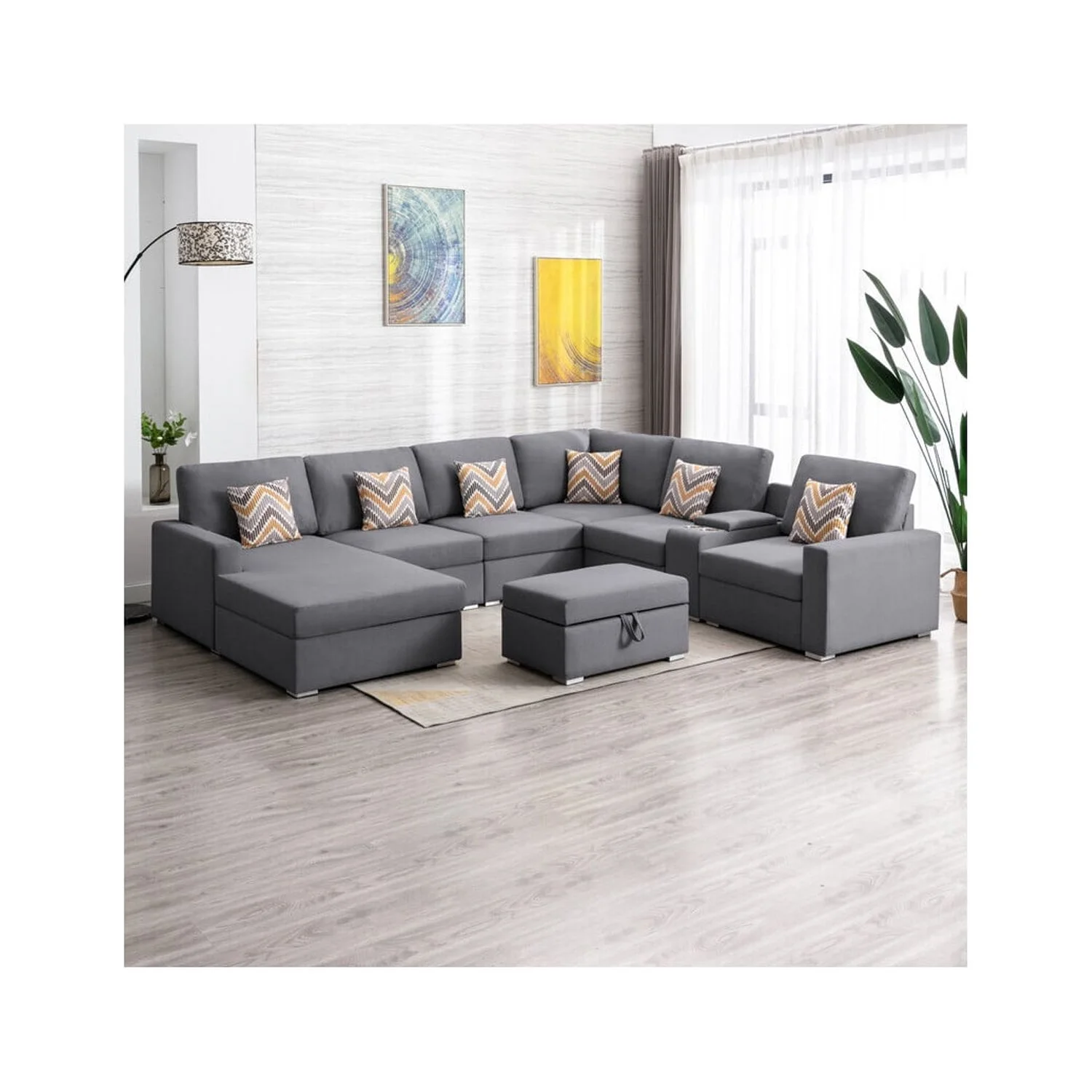 Maykoosh Mediterranean Mastery Linen Fabric 8Pc Reversible Chaise Sectional Sofa with Interchangeable Legs, Pillows, Storage Ottoman, and a USB, Charging Ports, Cupholders, Storage Console Table