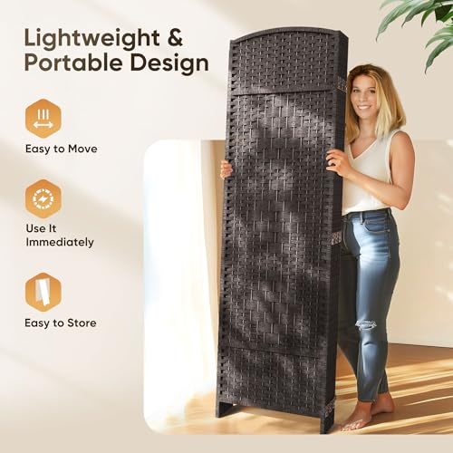 JOSTYLE Folding Privacy Room Divider, 4 Panel Screen Divider 6 ft. Tall Freestanding Extra Wide Rattan Room Partition Wall Separation Dividers, Grey