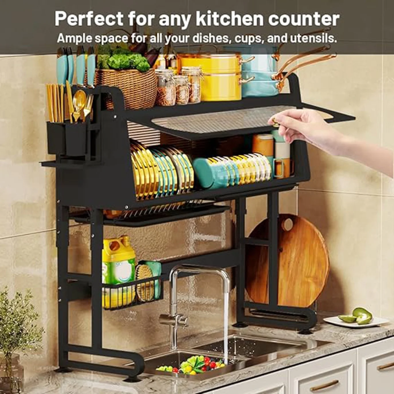 Dish Drying Rack Over The Sink,Adjustable Dish Rack over Sink, 3 Tier Large Capacity Dish Rack with Utensil Holder, Large Dish Rack Over Sink for Kitchen Space-Saving Black