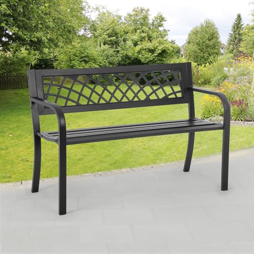 BestMassage Outdoor Garden Bench,Iron Steel Frame Patio Bench with Mesh Pattern and Plastic Backrest Armrests for Porch,Lawn,Garden,Park,Yard,Black