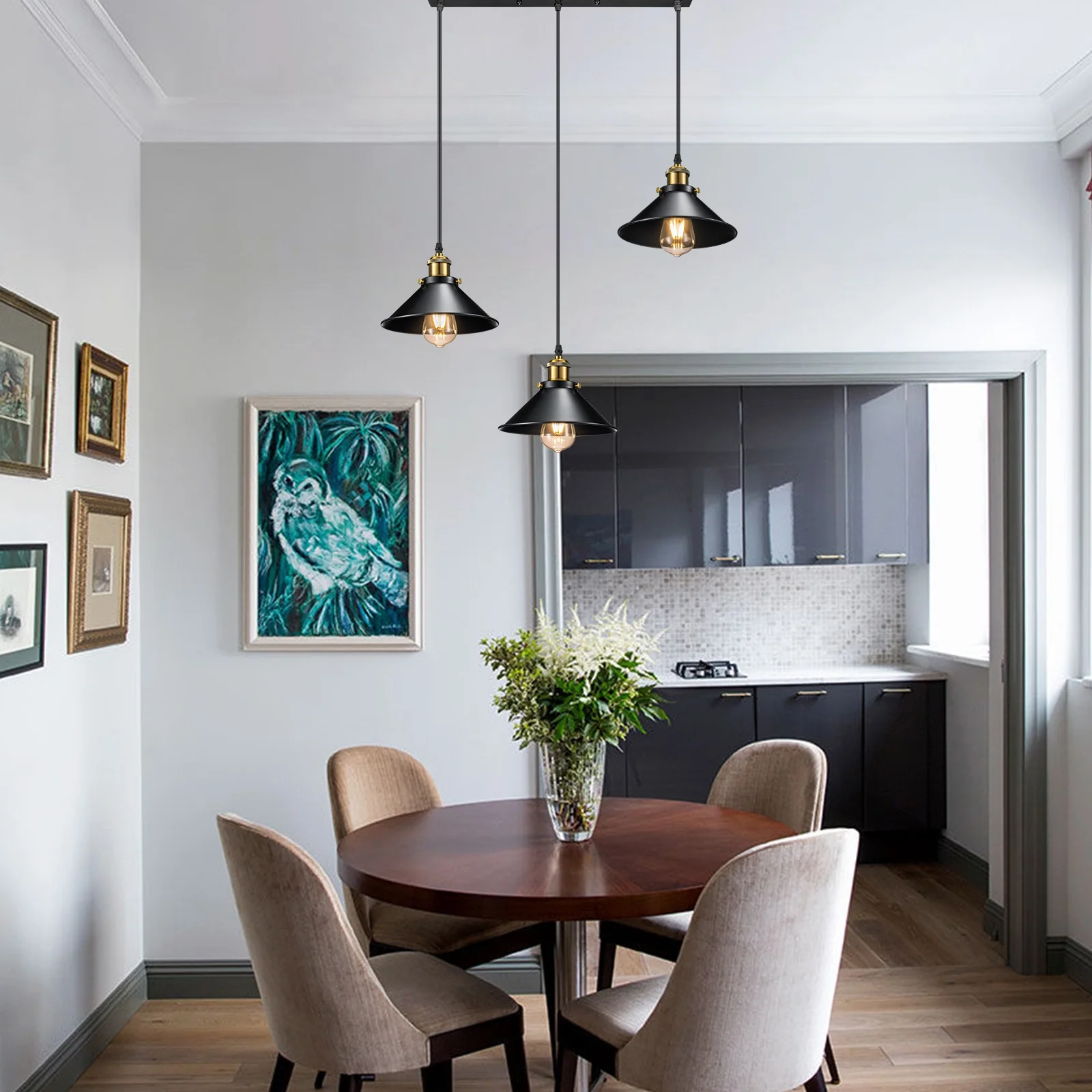 NookNova 3-Light Pendant Light Fixture, Matte Brushed Metal Cage Finish Industrial Hanging Light Fixtures, E26 Farmhouse Vintage Dining Room Light Fixtures Over Table for Kitchen Island, Hallway,Black