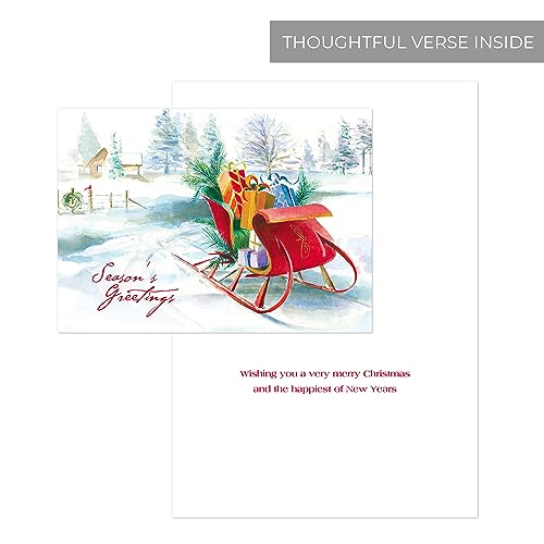 Masterpiece Holiday Greetings Trimmed In Scarlet Christmas Cards / 16 Boxed Snowy Cardinal Wreath Holiday Cards With Silver Foil Lined Envelopes / 5 5/8