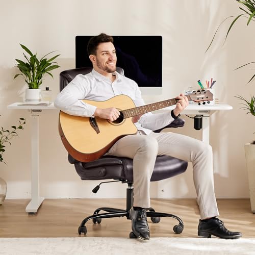 Sweetcrispy Ergonomic Computer Gaming Office Chair, Heavy Duty Task Desk Swivel Rolling Chairs with Wheels, Flip-up Arms, Adjustable Height, PU Leather, Black