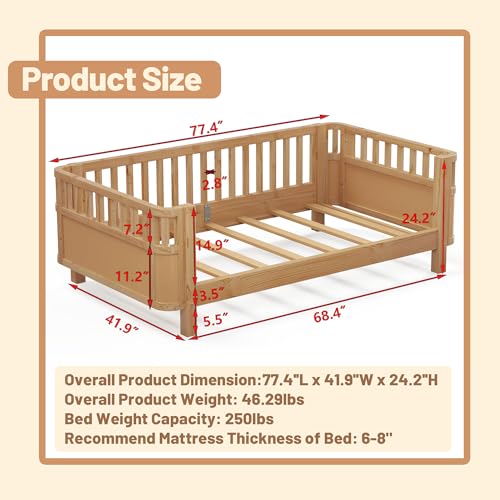 Full Size Kid Bed with Rails,Wooden Kids Day Bed with Detachable Safety Rails and Rounded Corners, Montessori Bed Frame with Headboard,Full Size Bed Frame for Kids Girls (Natural)
