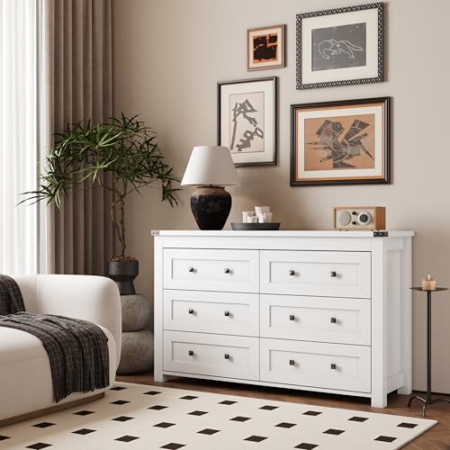 Dresser for Bedroom with 6 Drawers, Farmhouse Wood Chest of Drawers, Wide TV Stand Closet Storage Furniture with Metal Handle, Modern Clothes Organizer for Hallway, Living Room, Entryway, Black