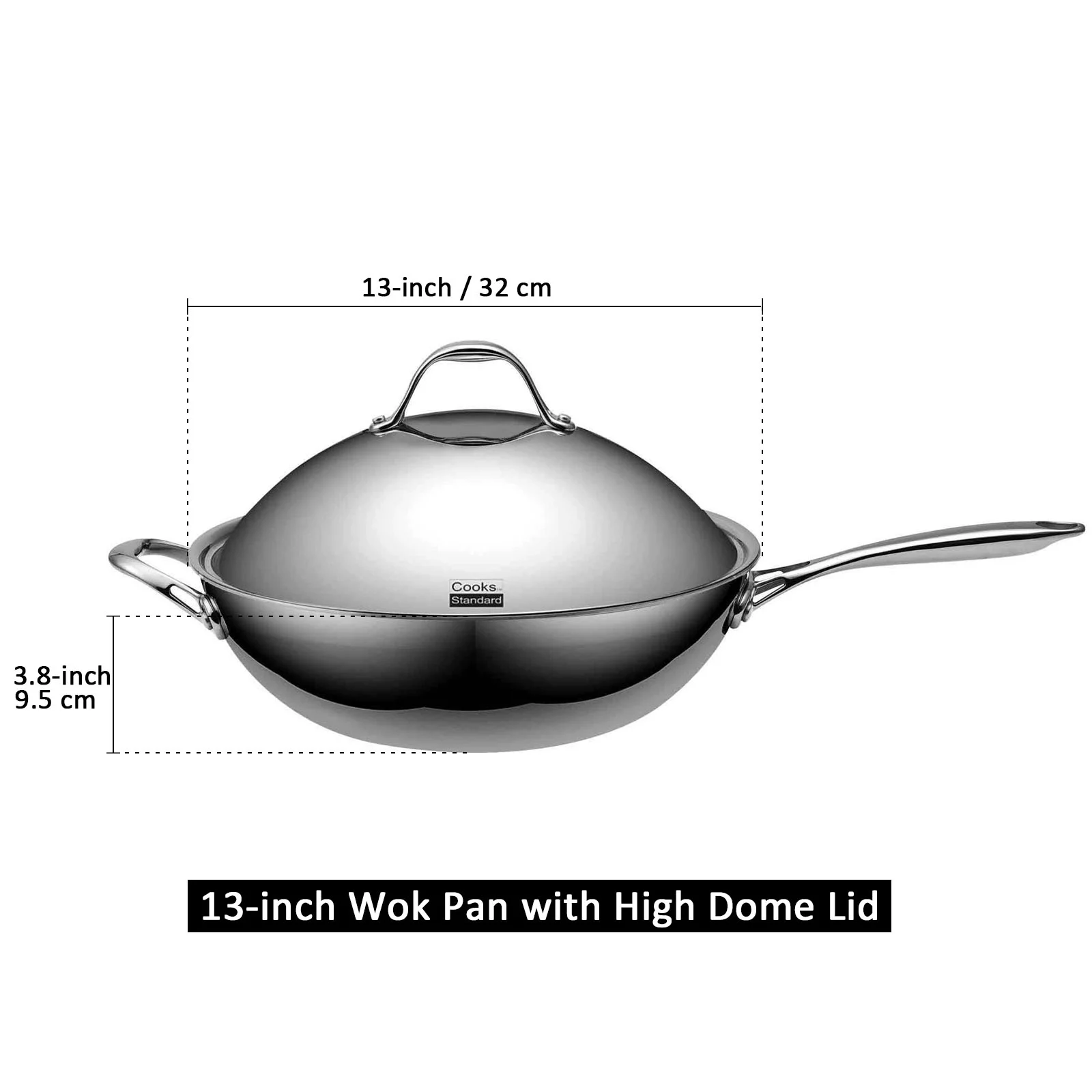 Cooks Standard Wok Pan Stainless Steel, 13-Inch Multi-Ply Clad Stir Fry Pan with High Dome lid, Silver