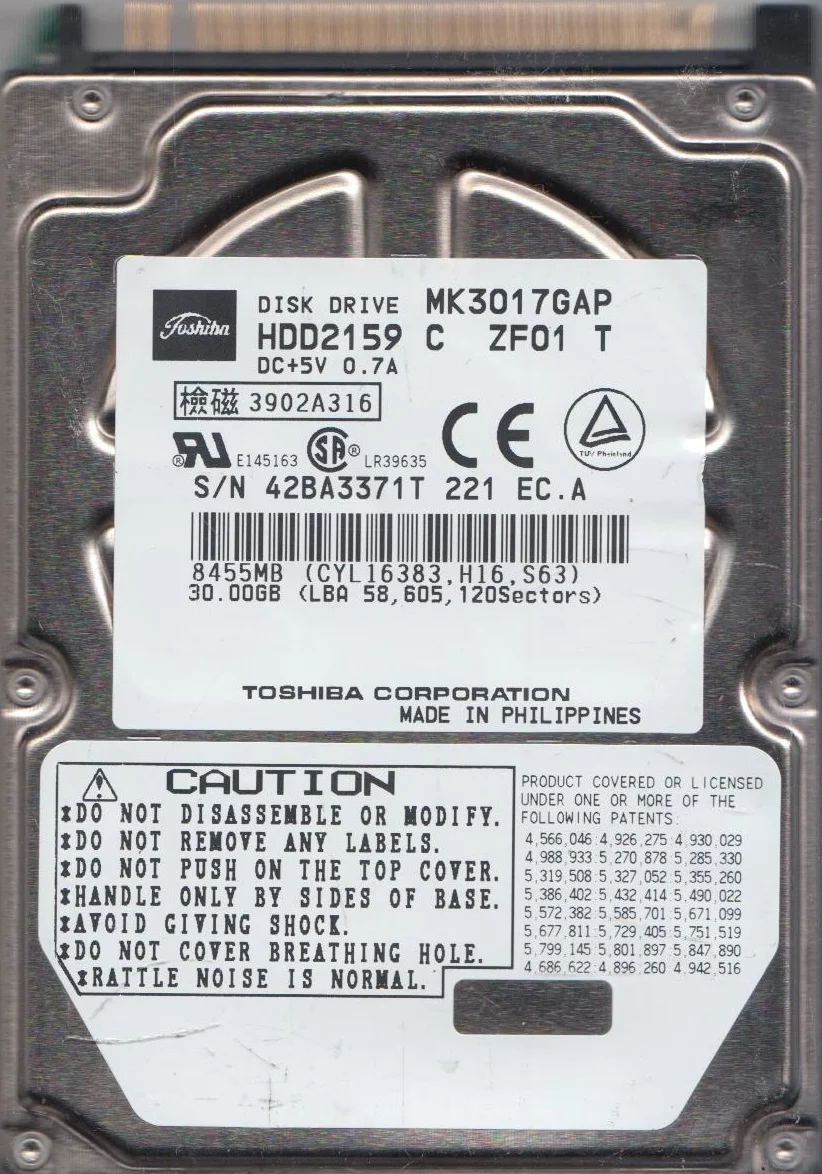 MK3017GAP, A0/A0.02H, HDD2159 C ZF01 T, Toshiba 30GB IDE 2.5 Hard Drive