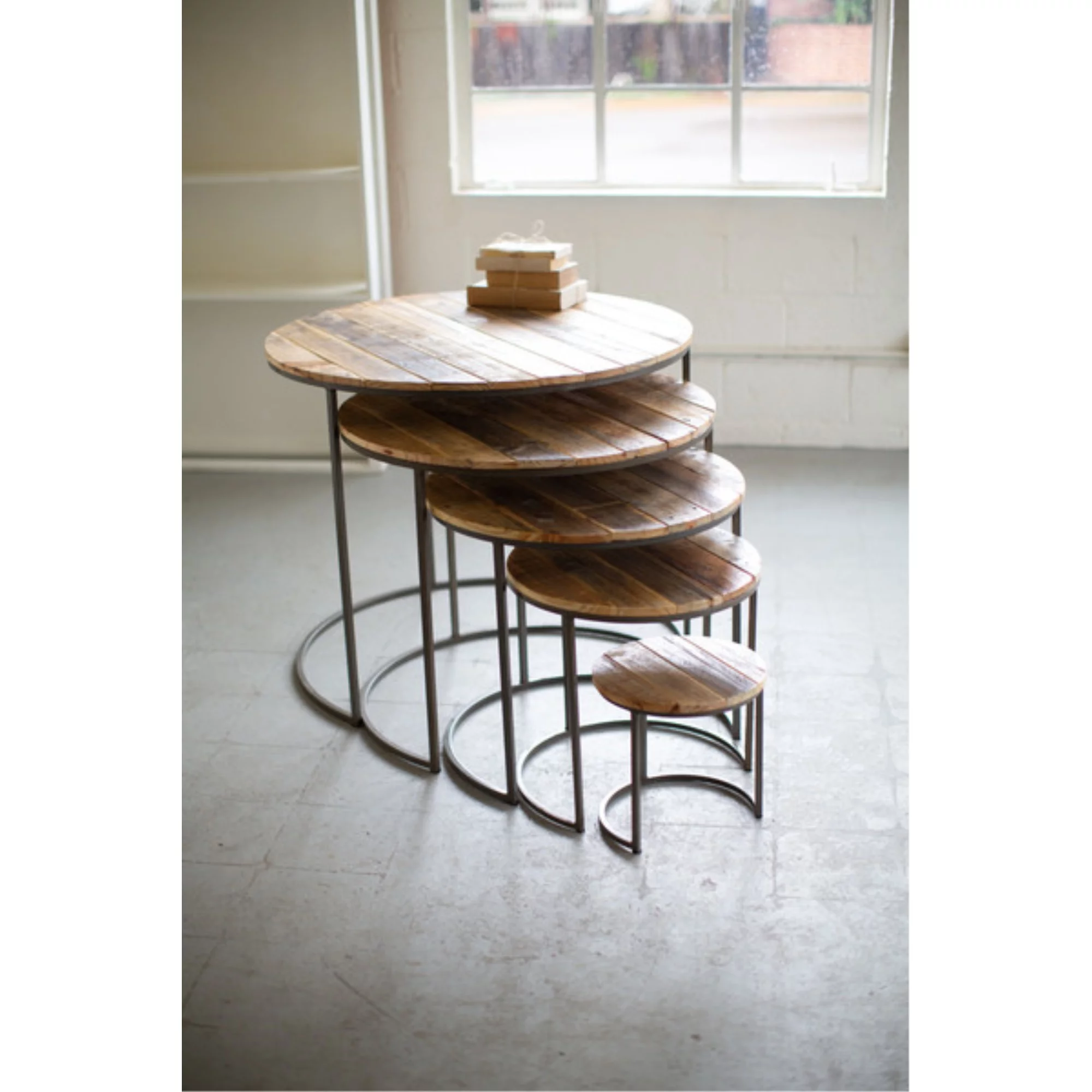 SET OF FIVE RECYCLED WOOD AND IRON ROUND DISPLAY TABLES