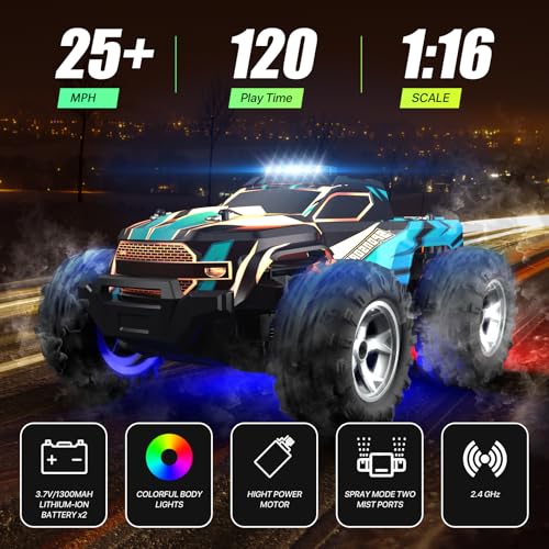 Remote Control Car for Boys, 1:16 Scale All Terrain RC Cars,High Speed 25Km/h Fast Car with Colorful Led Light and Spray, 2x1300mAh Rechargeable Battery RC Truck, Toy Car Gift for Teen Boys Girl Kids