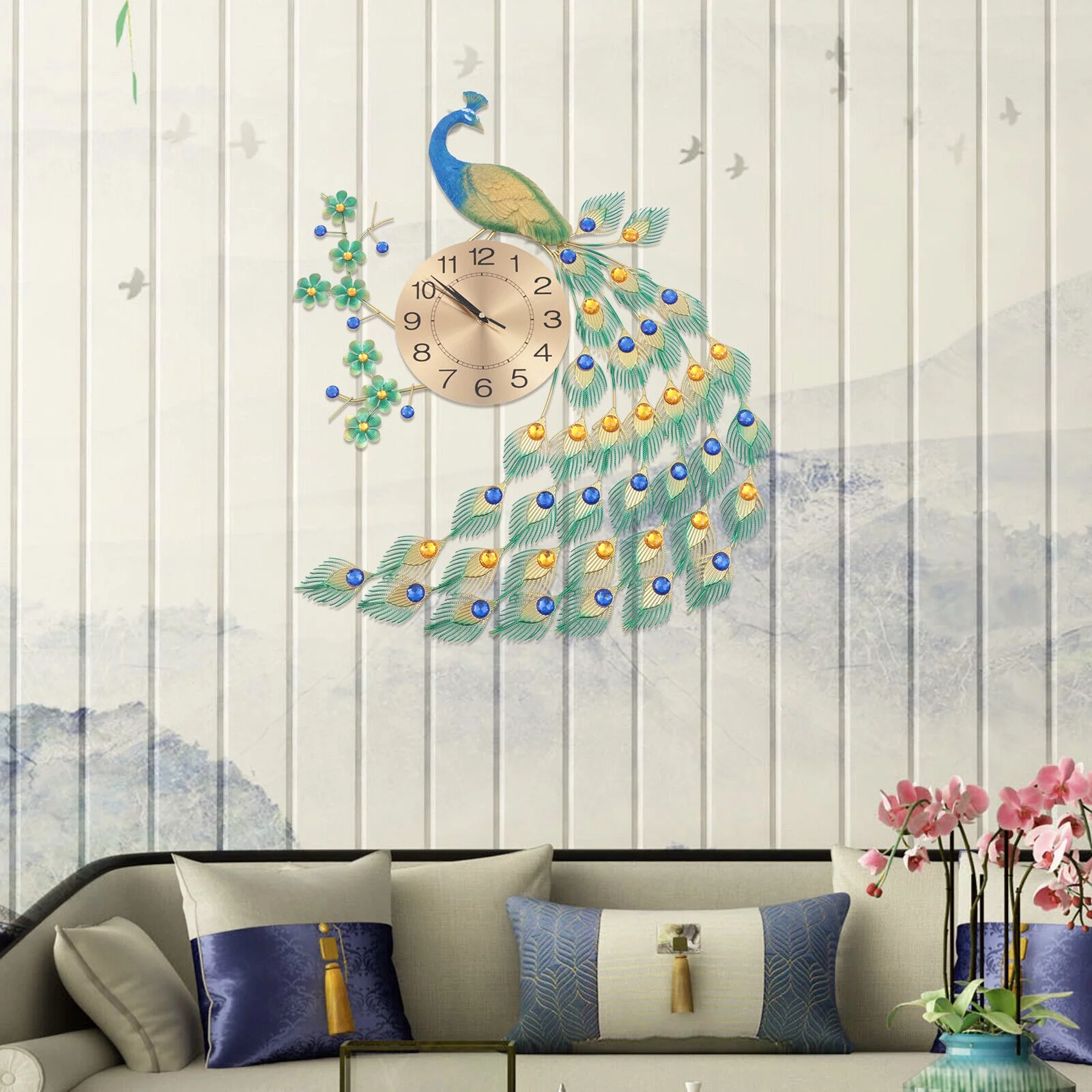 Modern Luxury Peacock Wall Clock 3D Metal 8.26