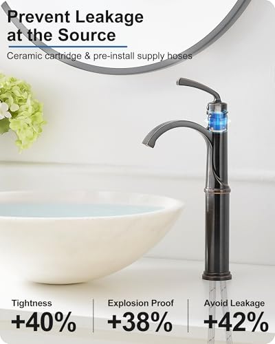 Vessel Sink Faucet, Oil Rubbed Bronze Waterfall Bathroom Sink Faucets, Brass Tall Bathroom Faucet Vanity Faucet 1 Hole Restroom Faucet Single Handle with Pop-up Drain Supply Hose