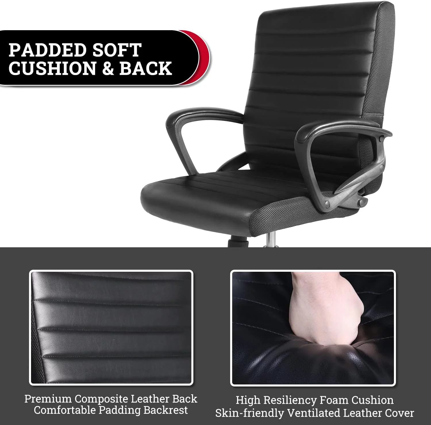 Executive Home Office Chair, Ergonomic Computer Desk Chair Bonded Leather, Adjustable Swivel Rolling Task Chairs Mid Back with Armrests