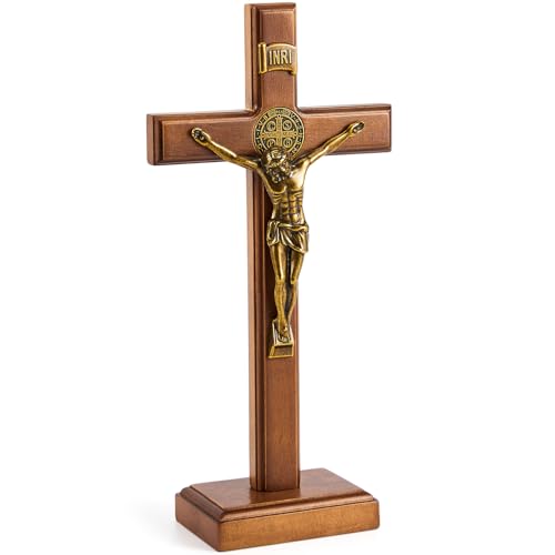 Leinuosen 10 Inch Wood Cross Crucifix Wall and Table Catholic Wooden Crosses Standing Cross Decor Jesus Christ Decoration for Home Baptism Communion Church(1 Pcs)