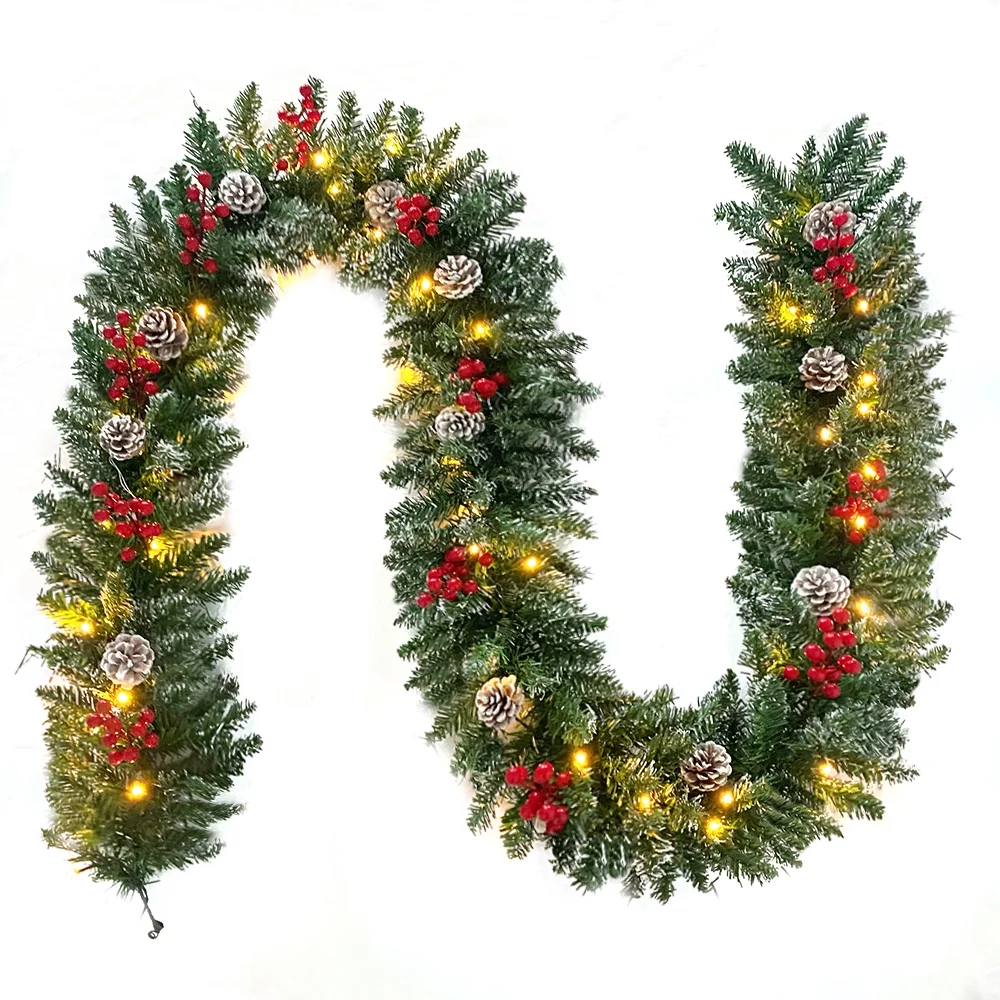 9ft Pre-Lit Christmas Garland with 50 Waterproof LED Light and Pine Cones and Berries, 220 Branches Battery Operated Christmas Garland  Decoration for Xmas Holiday Party