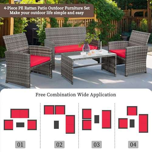 Shintenchi 4 Piece Patio Ratten Set Outdoor Furniture Set Wicker Conversation Set with Cushions and Tempered Glass Tabletop,Grey
