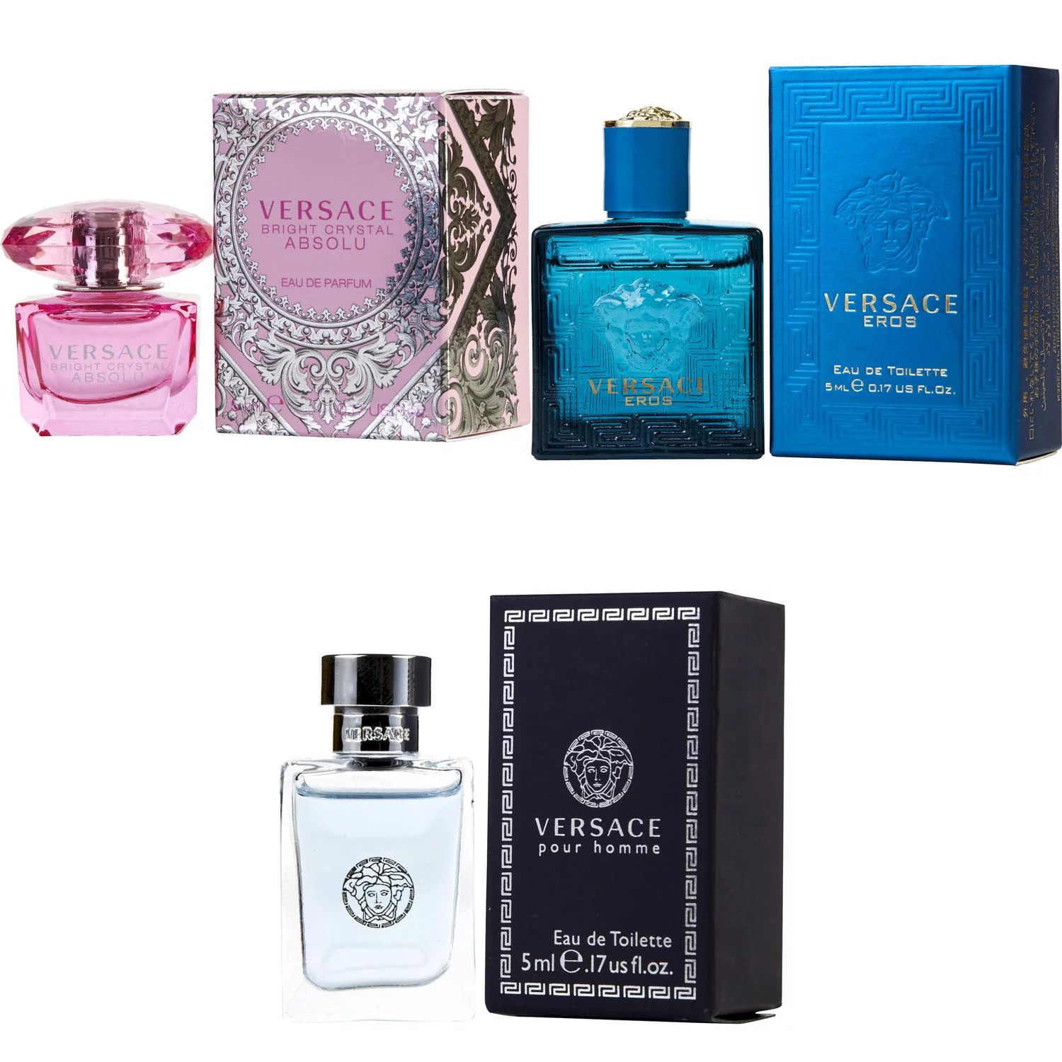 Versace Bright Crystal Absolu EDP, Eros Men EDT, Pour Homme EDT - 5ml 3PK Kit