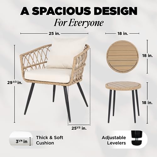 IDZO Heavy Duty 500lbs Weight Capacity Wicker Bistro Table and Chairs Set of 2 with Olefin Fabric Soft Cushions