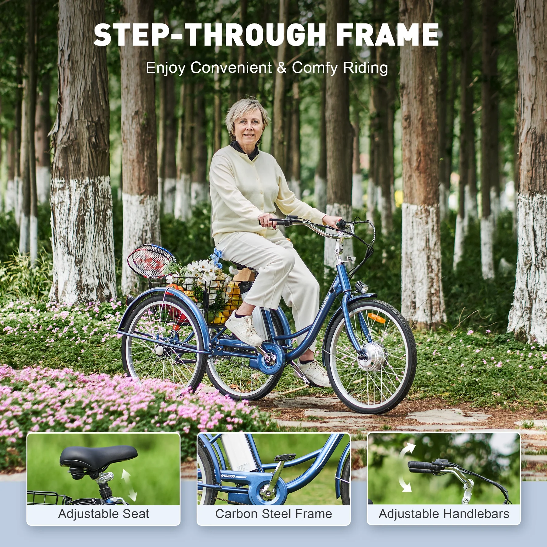 VIRIBUS 24 Inch Adult Trike 350W Dual Chain Electric Tricycle 36V 10Ah Navy