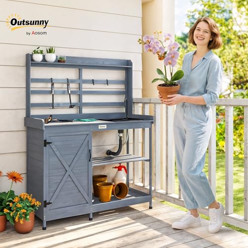 Outsunny Outdoor Wooden Potting Bench Table with Sink and Water Tap, Garden Workstation with Storage Cabinet, Storage Shelves for Backyard, Patio, Balcony, Natural