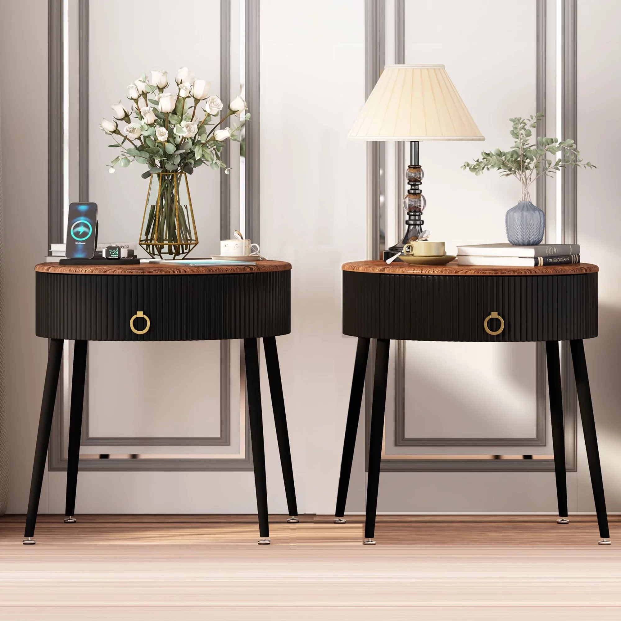 ASYA Black Metal End Table Set of 2, Wood Nightstand Side Table with Drawer, Round Accent Table for Home Living Room Bedroom, 20.63''H