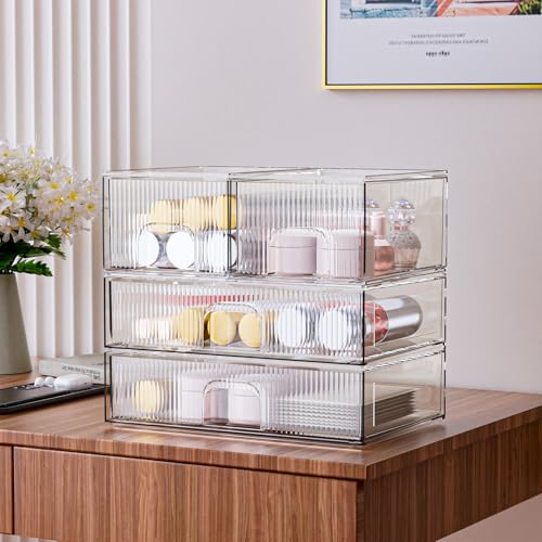 ZHIAI 3 Pack Clear Stackable Cosmetic Organizer with Acrylic Drawers for Cosmetics and Small Items for Dresser, Vanity, Kitchen Cabinet, Pantry, Home Organization and Storage