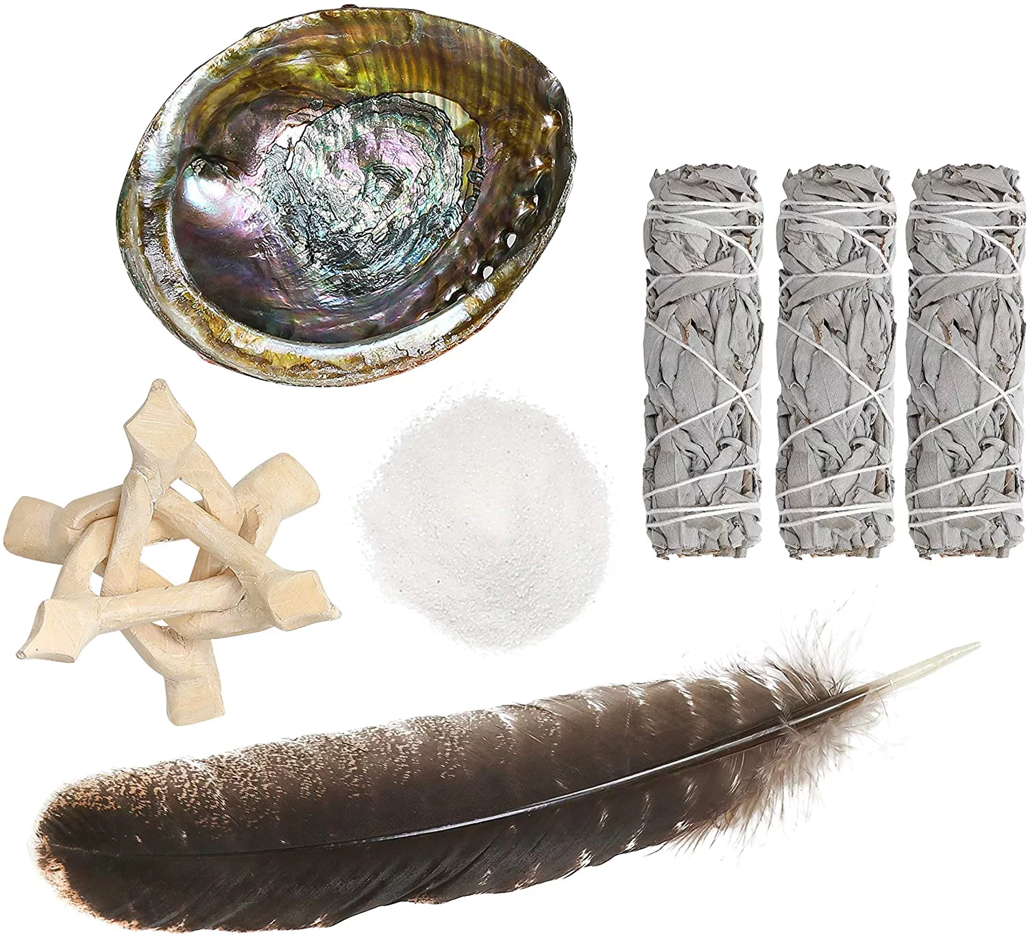 Sage Smudge Kit - White Sage Smudge Sticks - 4in ~ Abalone Shell 5-6in ~ 2in Tripod Stand ~ 9-12in Feather and White Sand