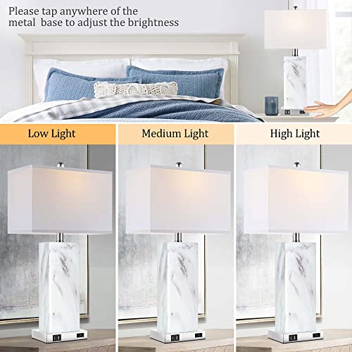 Touch Control Table Lamps Set of 2, Modern Contemporary Bedside Lamp with 2 USB Ports 1 AC Outlet, 3-Way Dimmable Nightstand Lamp Faux Marble Gold Black Rectangular Shade for Living Room Bedroom