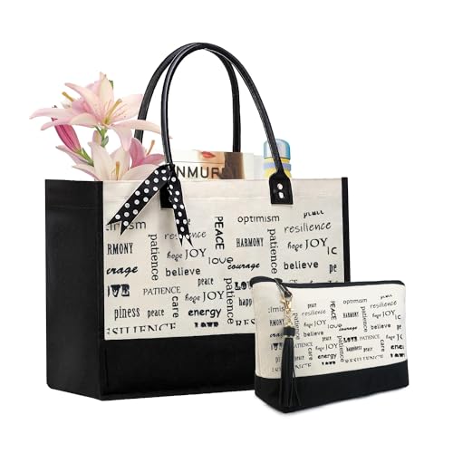 BeeGreen Mother's Day Gifts Personalized Women's Large White and Black Canvas Tote Bag, Embroidered Initials, Leather Handle, Zipper Closure
