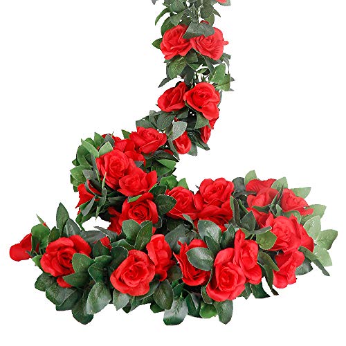 LESING Rose Garlands Artificial Rose Vines,4PCS(28.8FT) Fake Silk Flower Garlands with Greenery Plants Wedding Hanging Flower Vines Garlands for Home Office Arch Garden Decoration (Red)