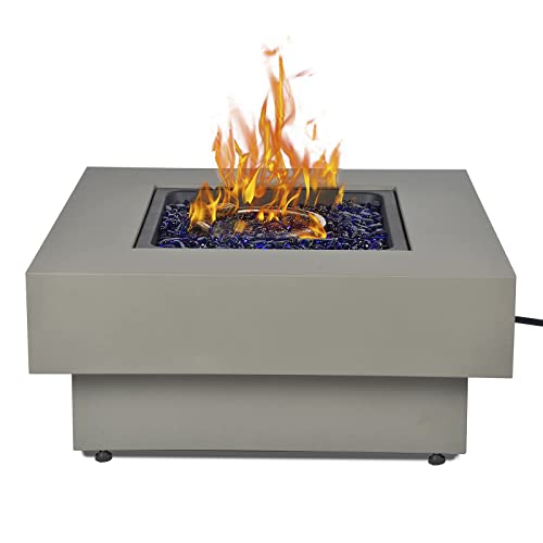 Propane Outdoor Fire Pit Table, Flint & Concrete Look 32.5-inch Round Patio Gas Fire Table 50,000 BTU w/Lid, Glass Rocks, Cover, Pre-Attached 10ft Propane Hose
