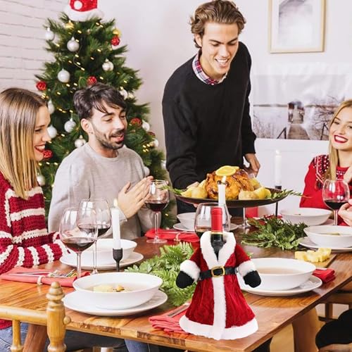 Hrnytdek Wine Bottle Cover, Christmas Velvet Knit Sweater Dress Santa Wine Bottle Holder Decorations, Santa Design Sleeves Props Wraps for Halloween Xmas New Year Wedding Holiday Party(Red)