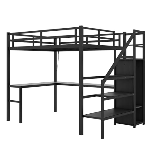 Twin XL Industrial Metal Loft Bed with L-Shaped Desk, USB, LED, Wardrobe, Adjustable Shelves, and Stairs (Black)