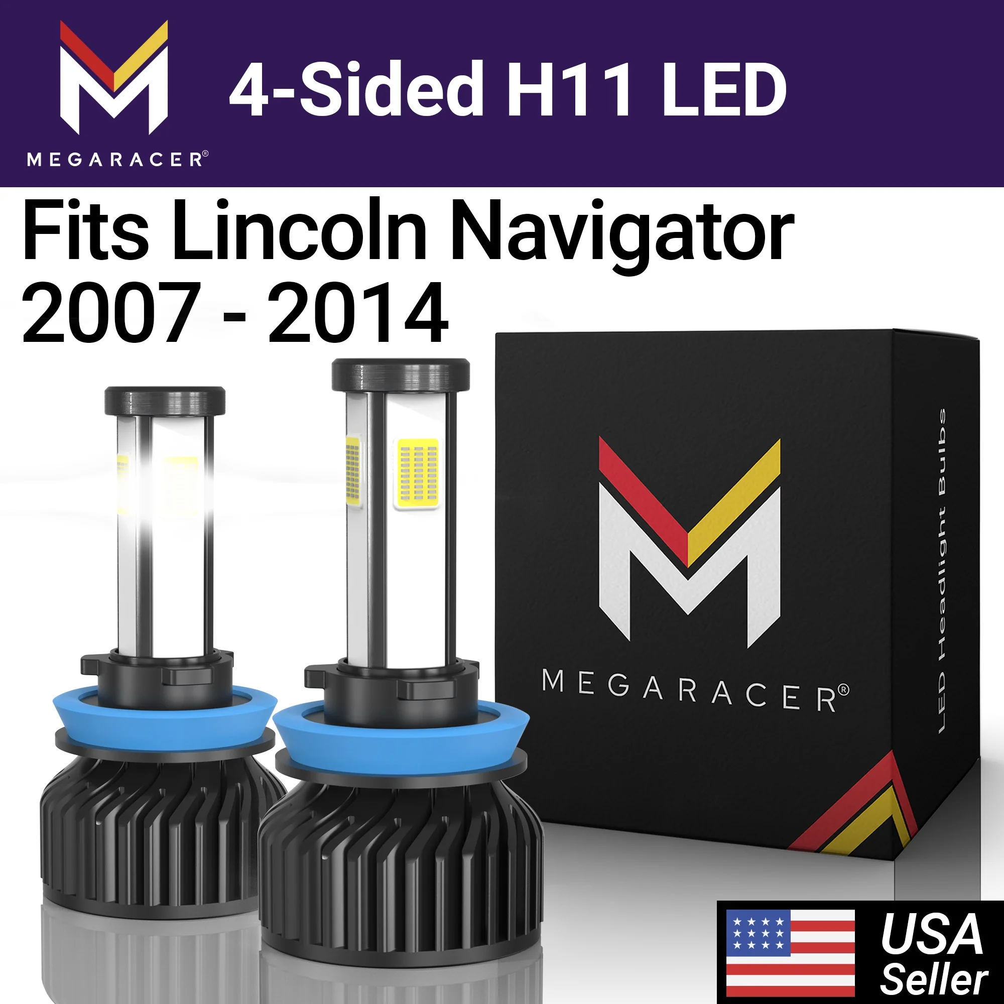 Mega Racer Lincoln Navigator 4 Sided H11 H9 H8 LED Headlight Bulbs 6000K Diamond White 12V Lincoln Navigator 2007 2008 2009 2010 2011 2012 2013 2014 07 - 14 Fog Light Automotive Replacement
